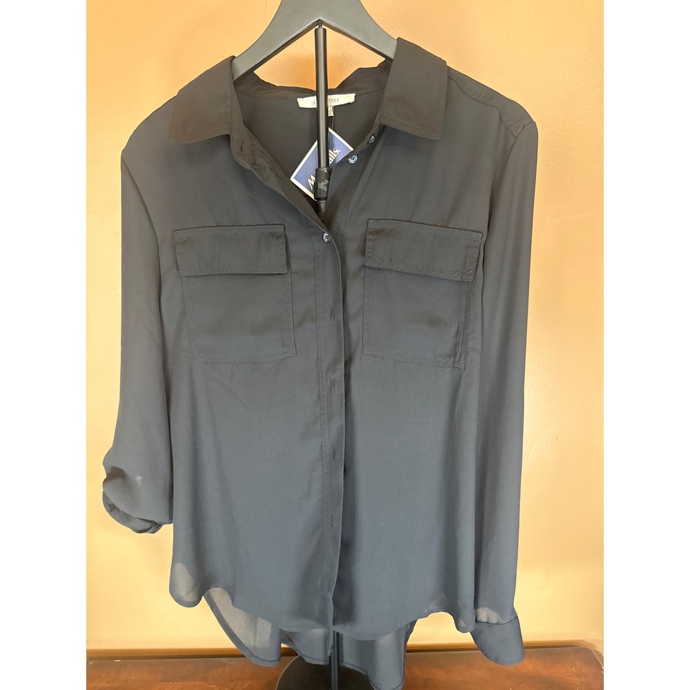 Love Tree Black Long Sleeve Button Down Blouse Utility Chest Pockets Large NWT